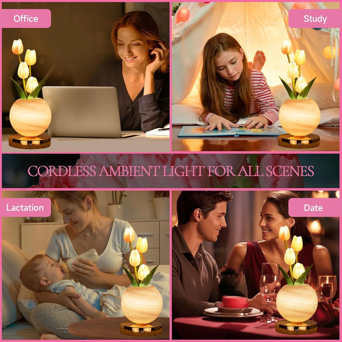 Rechargeable Pink Tulip Table Lamp - Cordless Touch Dimming LED Night Light for Girls, Women, and Moms - Perfect Romantic Gift