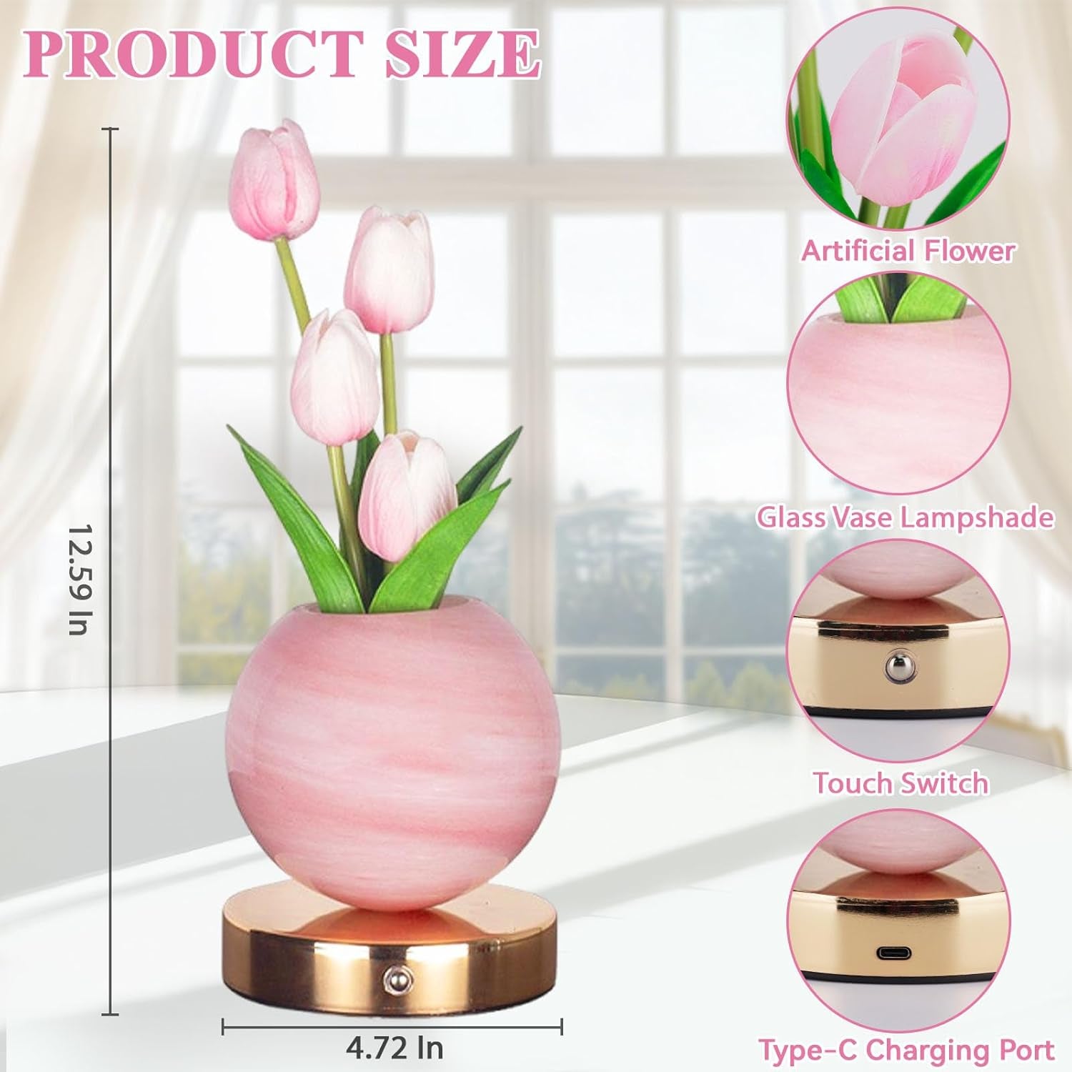 Rechargeable Pink Tulip Table Lamp - Cordless Touch Dimming LED Night Light for Girls, Women, and Moms - Perfect Romantic Gift