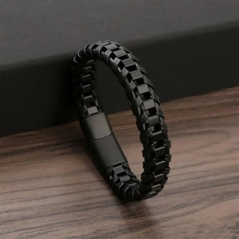 Stylish Punk Men's Braided Leather Bracelet with Stainless Steel Magnetic Clasp - Perfect Gift in Black/Brown (18.5/20.5/22Cm)