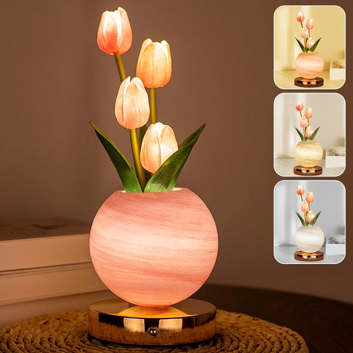 Rechargeable Pink Tulip Table Lamp - Cordless Touch Dimming LED Night Light for Girls, Women, and Moms - Perfect Romantic Gift