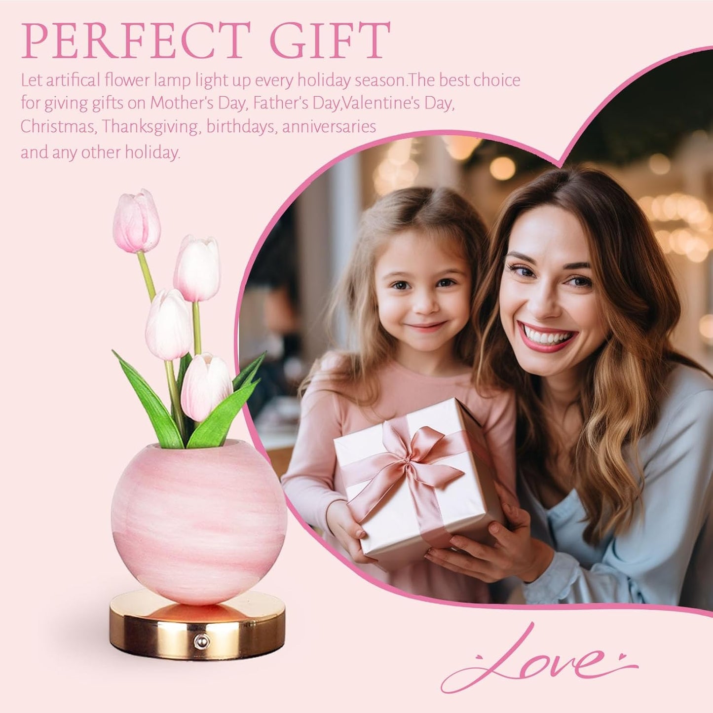 Rechargeable Pink Tulip Table Lamp - Cordless Touch Dimming LED Night Light for Girls, Women, and Moms - Perfect Romantic Gift