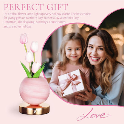 Rechargeable Pink Tulip Table Lamp - Cordless Touch Dimming LED Night Light for Girls, Women, and Moms - Perfect Romantic Gift