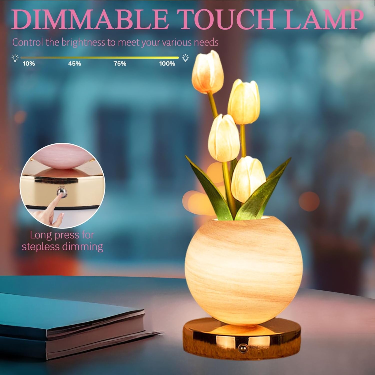 Rechargeable Pink Tulip Table Lamp - Cordless Touch Dimming LED Night Light for Girls, Women, and Moms - Perfect Romantic Gift