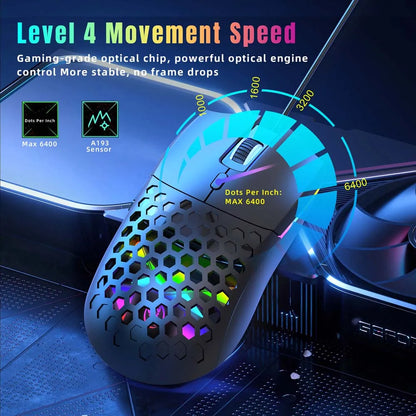 Cooling Mouse 6400DPI Gaming Mouse Rainbow Optical Effect Colorful Backlight USB Wired Mouse for PC Computer Laptop Hollow Mice