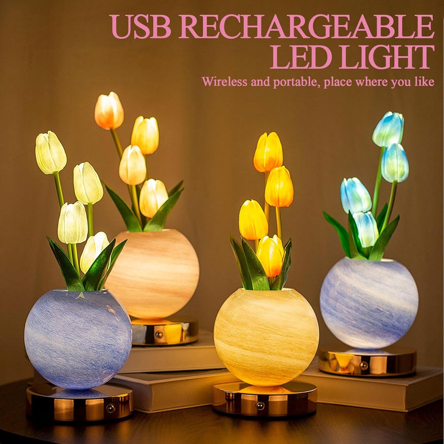 Rechargeable Pink Tulip Table Lamp - Cordless Touch Dimming LED Night Light for Girls, Women, and Moms - Perfect Romantic Gift
