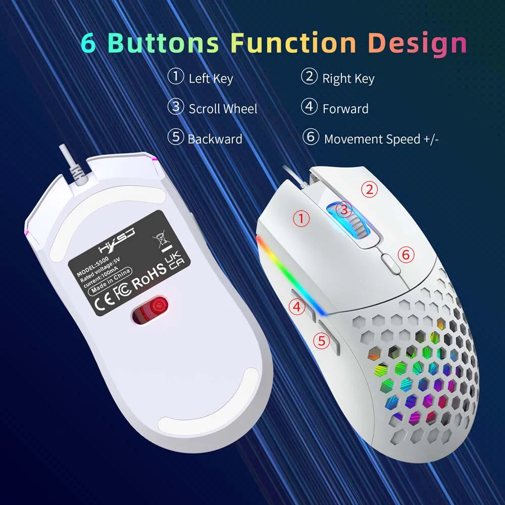 Cooling Mouse 6400DPI Gaming Mouse Rainbow Optical Effect Colorful Backlight USB Wired Mouse for PC Computer Laptop Hollow Mice
