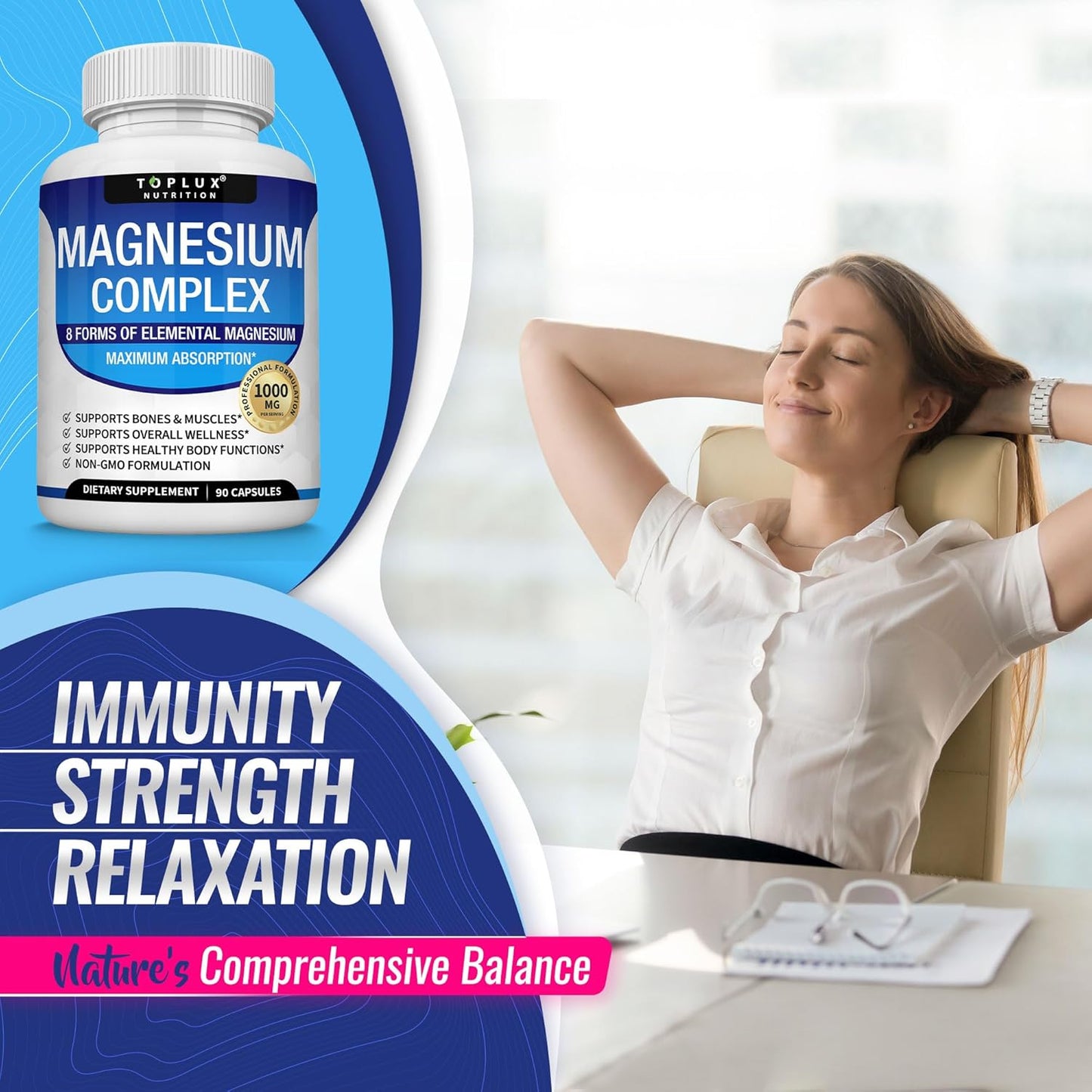 Unlock Your Potential with Toplux Magnesium Complex - 8 Elemental Forms for Optimal Absorption, Muscle Recovery, and Bone Health - 90 Vegan Capsules