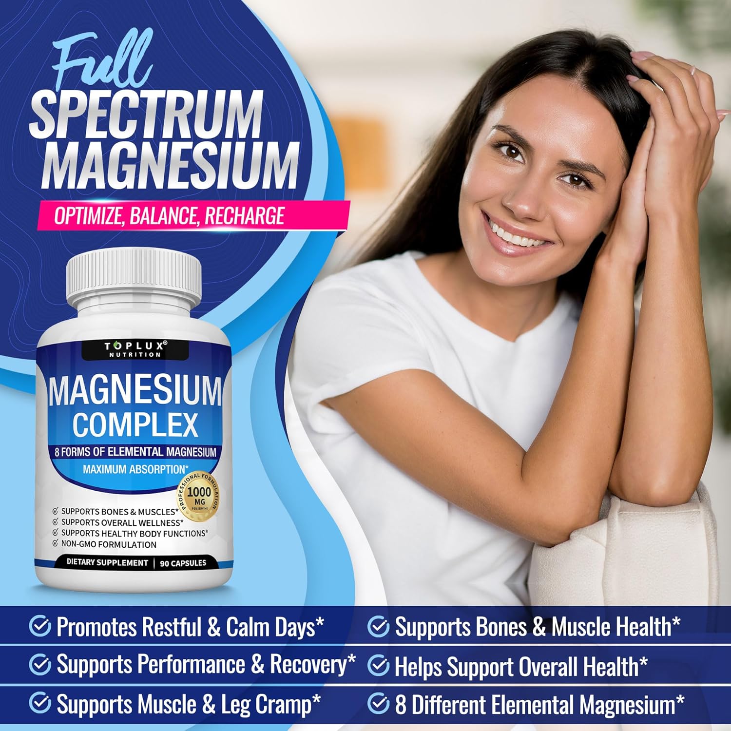 Unlock Your Potential with Toplux Magnesium Complex - 8 Elemental Forms for Optimal Absorption, Muscle Recovery, and Bone Health - 90 Vegan Capsules