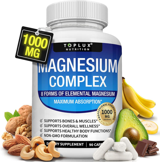 Unlock Your Potential with Toplux Magnesium Complex - 8 Elemental Forms for Optimal Absorption, Muscle Recovery, and Bone Health - 90 Vegan Capsules
