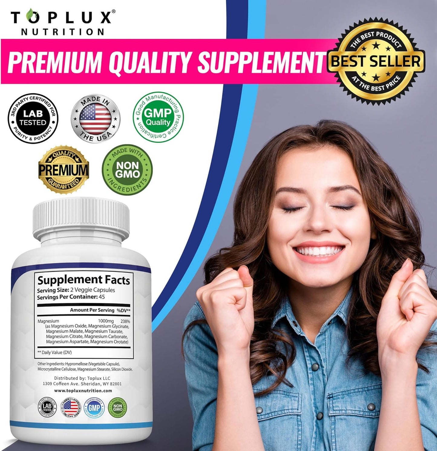 Unlock Your Potential with Toplux Magnesium Complex - 8 Elemental Forms for Optimal Absorption, Muscle Recovery, and Bone Health - 90 Vegan Capsules