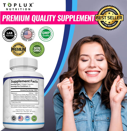 Unlock Your Potential with Toplux Magnesium Complex - 8 Elemental Forms for Optimal Absorption, Muscle Recovery, and Bone Health - 90 Vegan Capsules