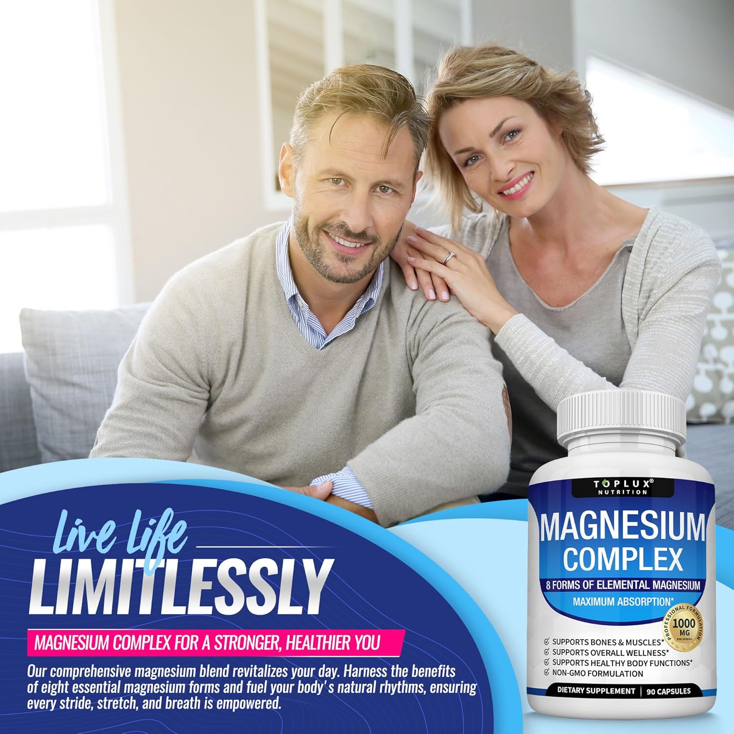 Unlock Your Potential with Toplux Magnesium Complex - 8 Elemental Forms for Optimal Absorption, Muscle Recovery, and Bone Health - 90 Vegan Capsules