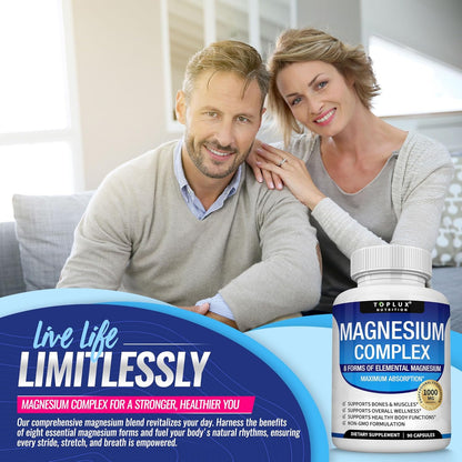 Unlock Your Potential with Toplux Magnesium Complex - 8 Elemental Forms for Optimal Absorption, Muscle Recovery, and Bone Health - 90 Vegan Capsules