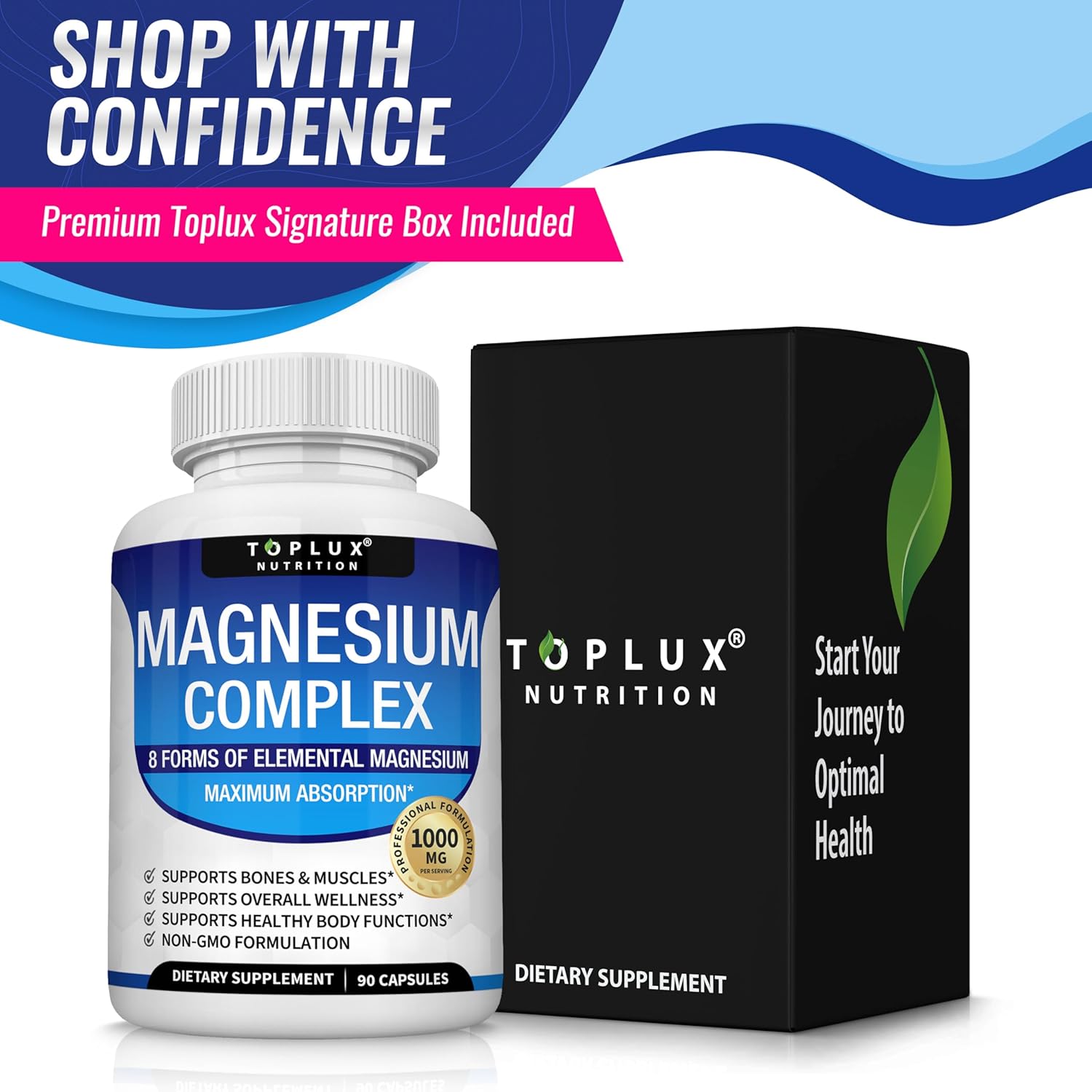 Unlock Your Potential with Toplux Magnesium Complex - 8 Elemental Forms for Optimal Absorption, Muscle Recovery, and Bone Health - 90 Vegan Capsules