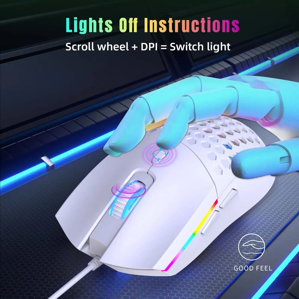 Cooling Mouse 6400DPI Gaming Mouse Rainbow Optical Effect Colorful Backlight USB Wired Mouse for PC Computer Laptop Hollow Mice