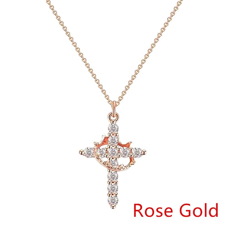 Elevate Your Style with the Rotatable Crown Rhinestone Cross Choker Necklace - Perfect Minimalist Christian Jewelry for Women