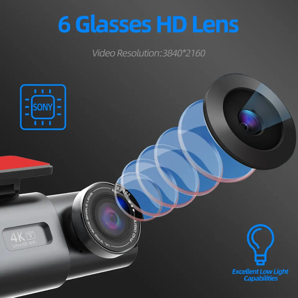 Dash Cam 4K UHD Recording Car Camera DVR Night Vision Video Recorder Built-In Wi-Fi Support GPS 24H Parking