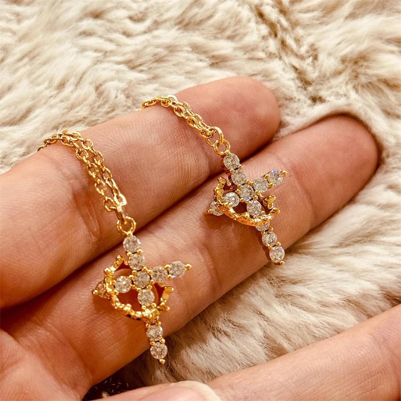 Elevate Your Style with the Rotatable Crown Rhinestone Cross Choker Necklace - Perfect Minimalist Christian Jewelry for Women