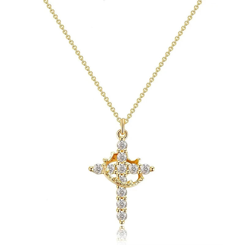 Elevate Your Style with the Rotatable Crown Rhinestone Cross Choker Necklace - Perfect Minimalist Christian Jewelry for Women