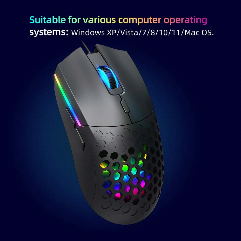 Cooling Mouse 6400DPI Gaming Mouse Rainbow Optical Effect Colorful Backlight USB Wired Mouse for PC Computer Laptop Hollow Mice