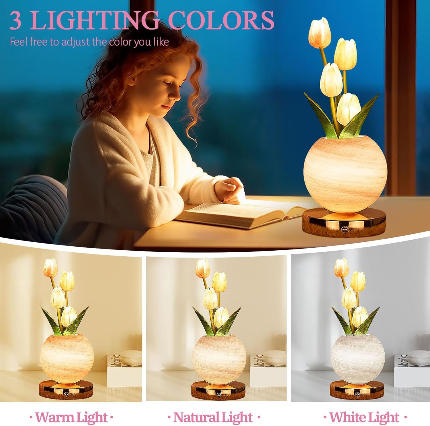 Rechargeable Pink Tulip Table Lamp - Cordless Touch Dimming LED Night Light for Girls, Women, and Moms - Perfect Romantic Gift